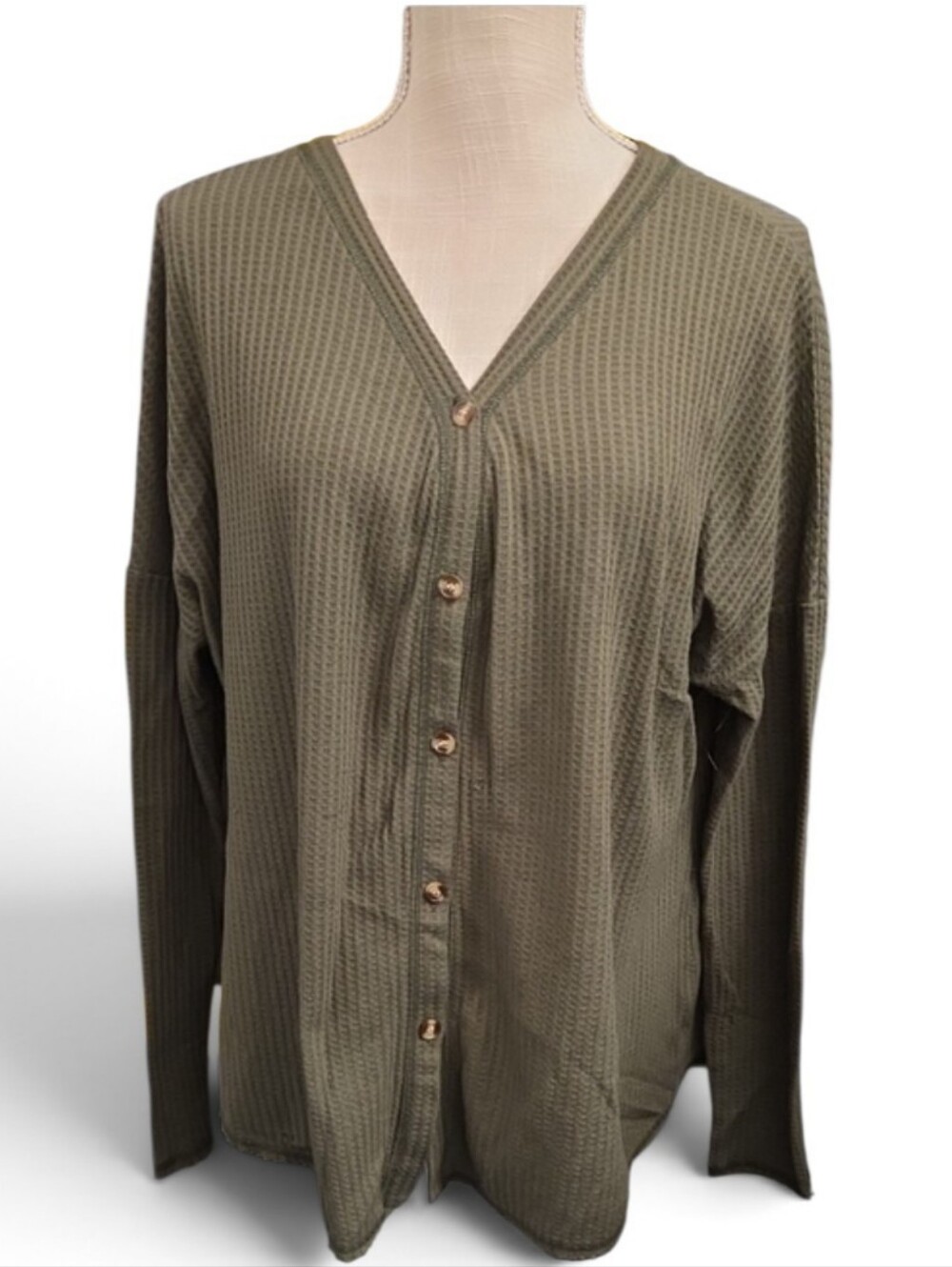 Wonderly Olive Green Waffle-Knit Button Cardigan